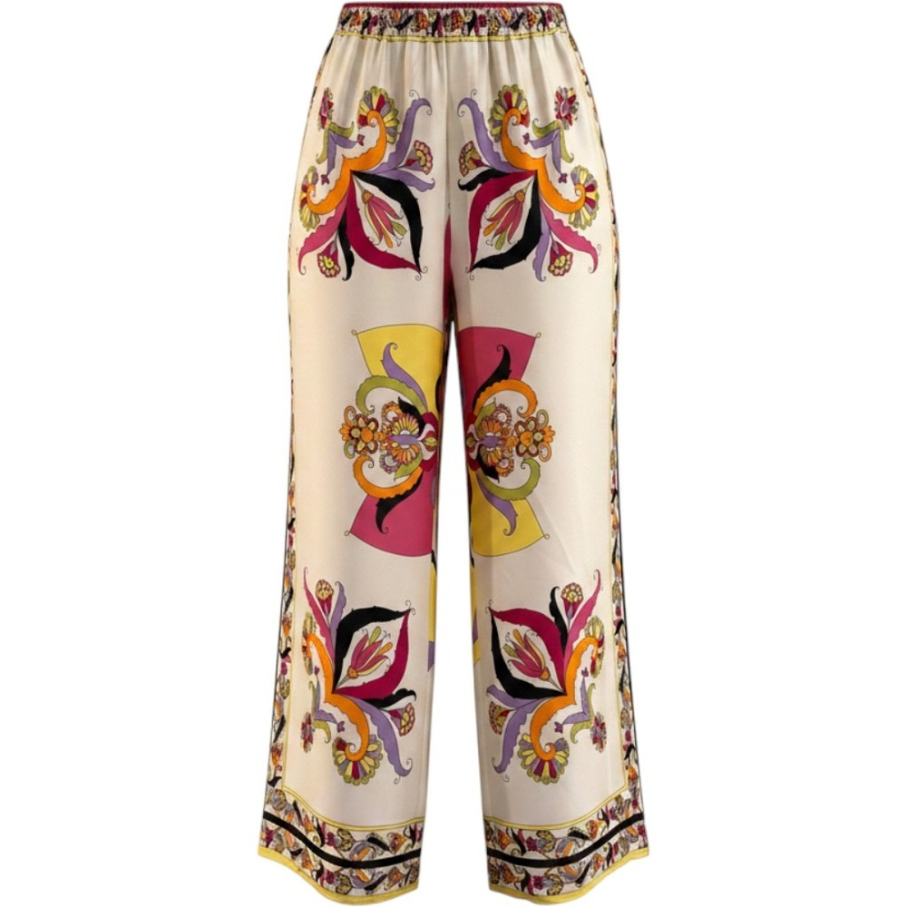 Zara Printed Wide Leg Pants Large Cream Multi Floral Scarf Print Boho Resort